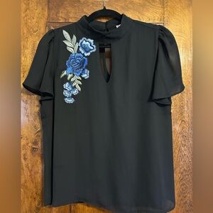 Lily White Black Tunic with Blue Floral Embroidery